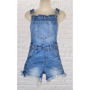 Black Label Juniors SM Denim Shortall Overall Shorts Raw Hem Light Wash Festival